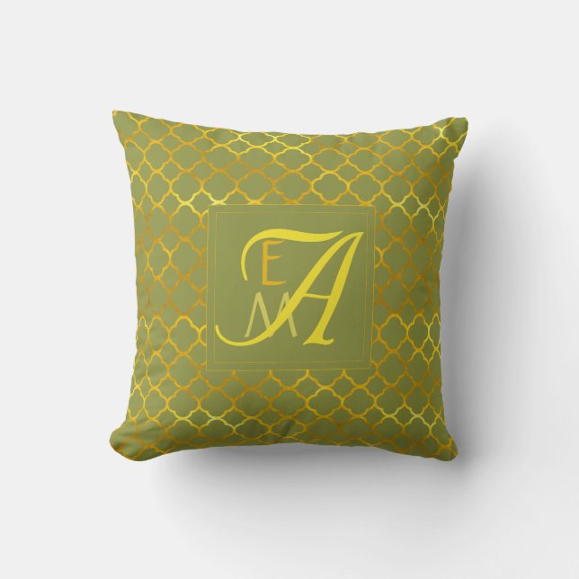 Pepper Stem Quatrefoil MONOGRAM Green Gold Wedding Cushion (Front)