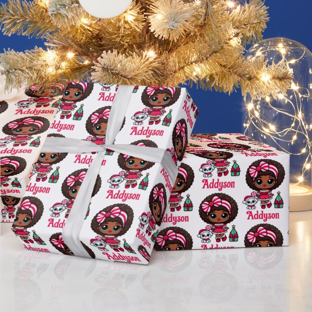 Peppermint Afro Girl & Puppy Festive Christmas Wrapping Paper (Holidays)