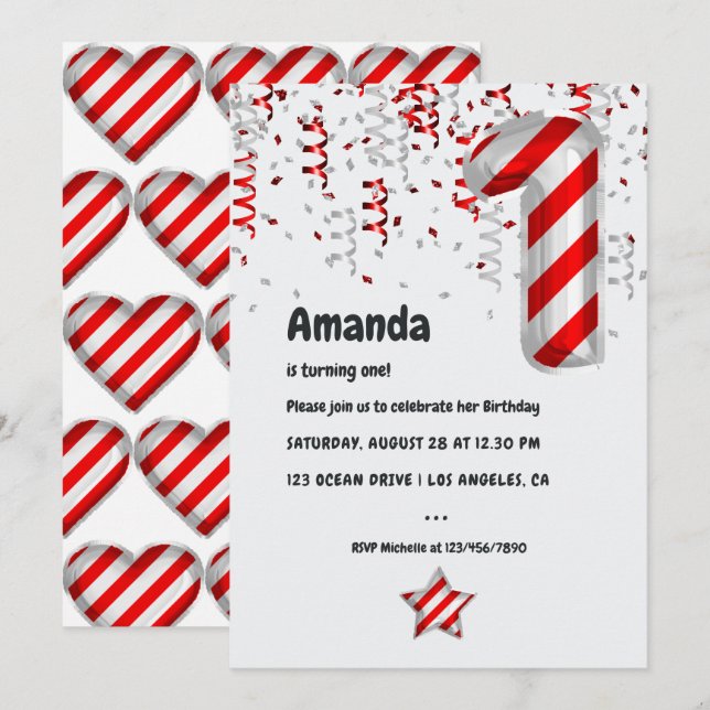 Peppermint Candy Cane Balloon 1st Xmas Birthday Invitation (Front/Back)