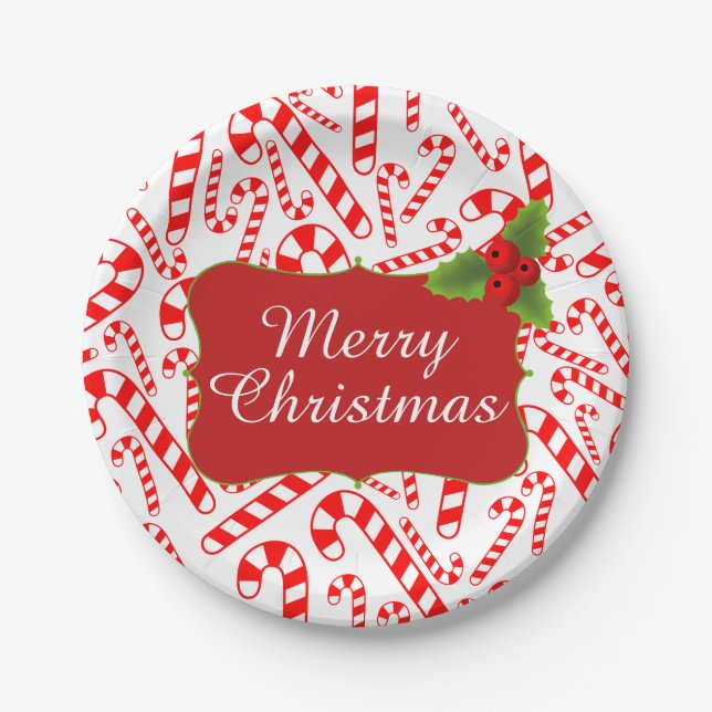 Peppermint Candy Canes Merry Christmas Party Paper Plate (Front)
