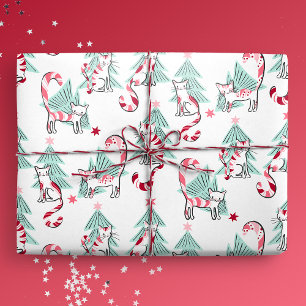 Peppermint Candy Cats and Christmas Trees Wrapping Paper