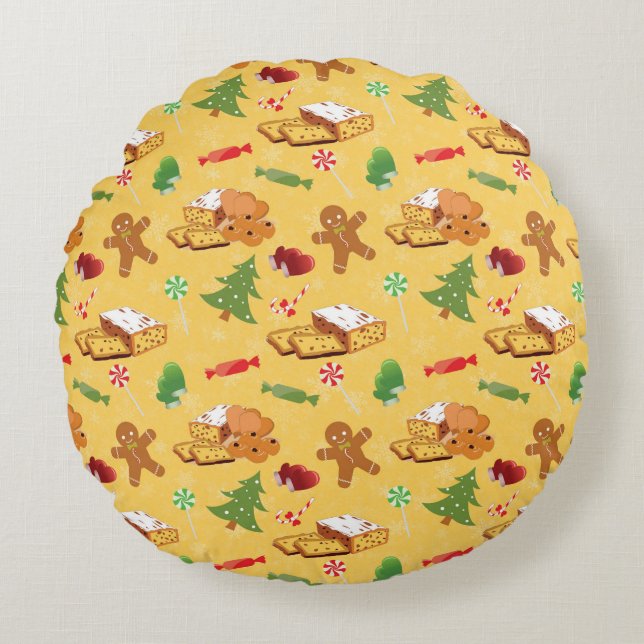 Peppermint Candy,Gingerbread Man and cake Round Cushion (Front)