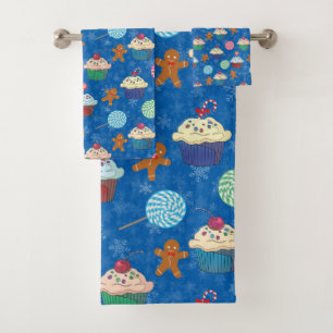 Peppermint Candy ,Gingerbread Man and cup cake Bath Towel Set