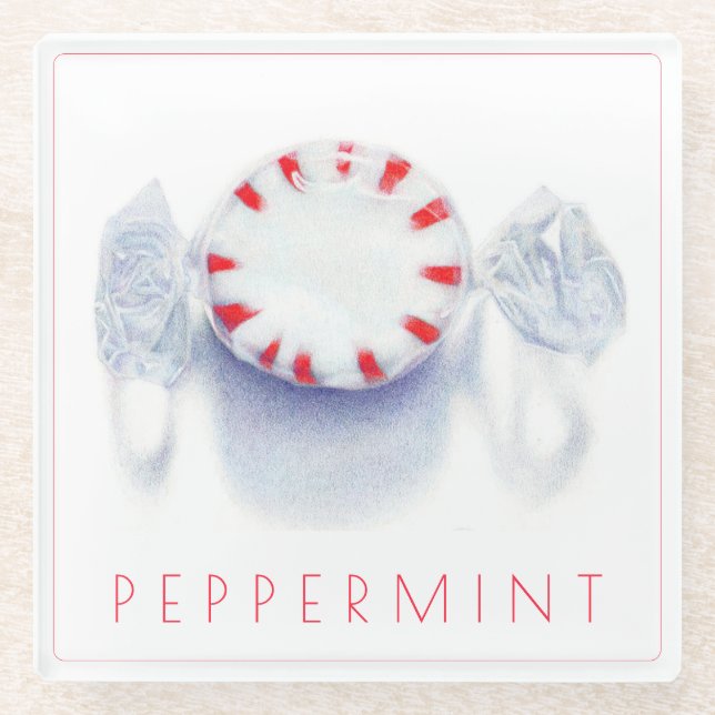 PEPPERMINT CANDY Glass Beverage Coaster + Text (Front)