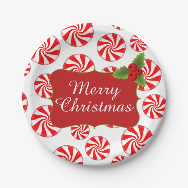 Peppermint Candy Merry Christmas Party Paper Plate (Front)