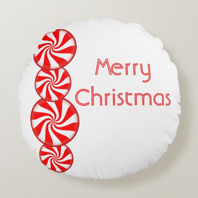 Peppermint Candy Merry Christmas Round Cushion (Front)