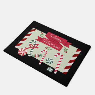 Peppermint Candy Stripe Holly Happy Holidays Merry Doormat