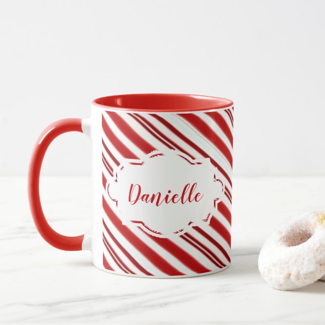 Peppermint candy stripe personalised mug (With Donut)