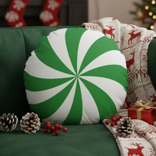 Peppermint Candy Swirl Green Christmas Holiday Round Cushion