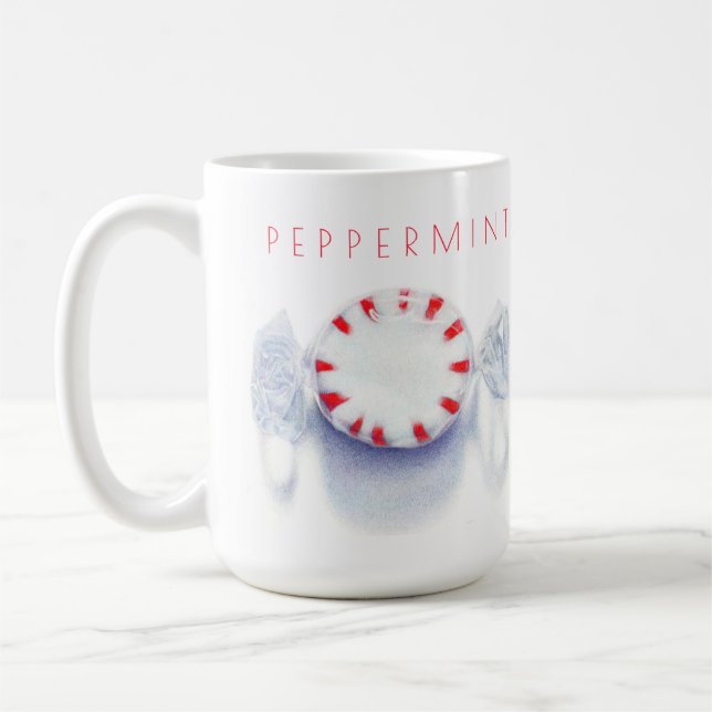 PEPPERMINT CANDY Tall White Mug + Text (Left)