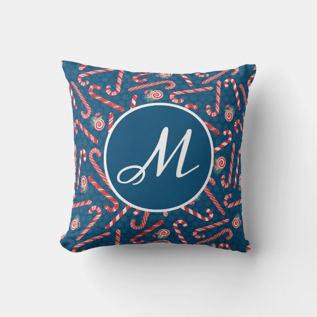 Peppermint Christmas Candy Cane Blue Monogram Cushion (Front)