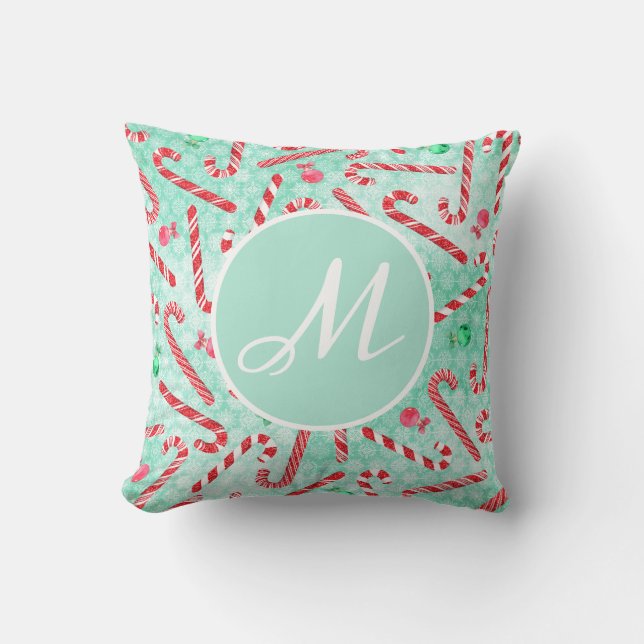 Peppermint Christmas Candy Cane Monogram Cushion (Front)