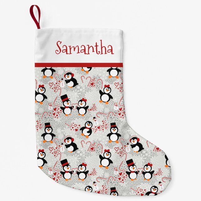 Peppermint Christmas Penguins Personalised Name Small Christmas Stocking (Front)