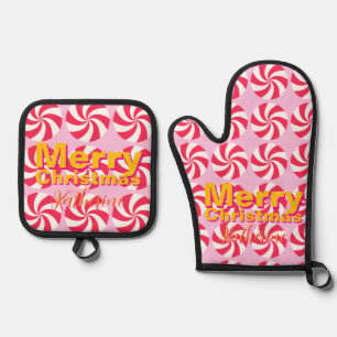 Peppermint Christmas Pink Oven Mitt & Pot Holder Set