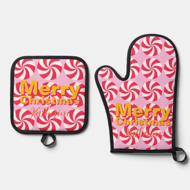 Peppermint Christmas Pink Oven Mitt & Pot Holder Set (Front)