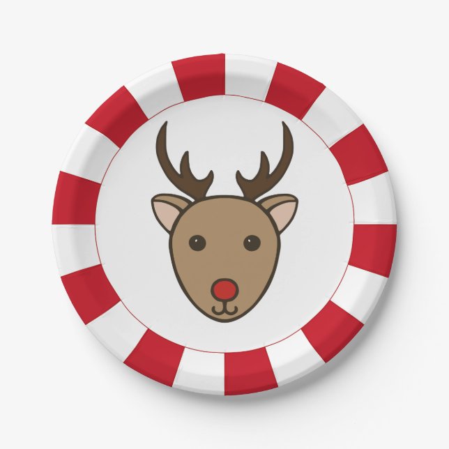 Peppermint Christmas Reindeer Party Paper Plates (Front)