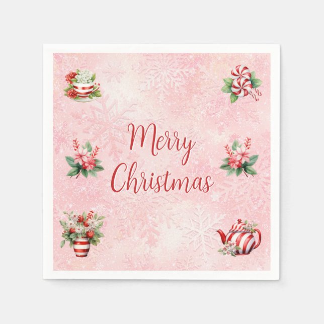 Peppermint Christmas Tea Party Pink Snowflake Napkin (Front)