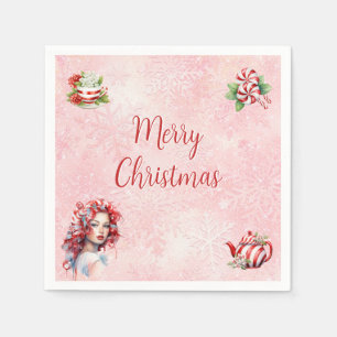 Peppermint Christmas Tea Party Pink Snowflake Napkin