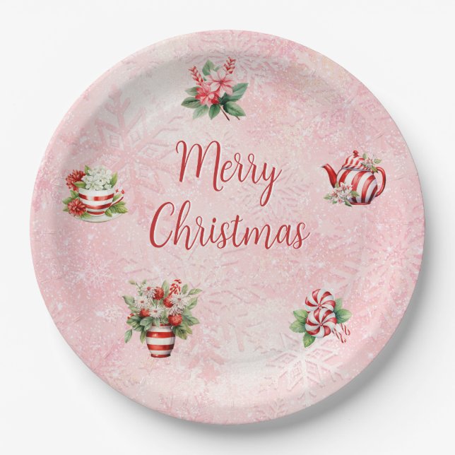 Peppermint Christmas Tea Party Pink Snowflake Paper Plate (Front)