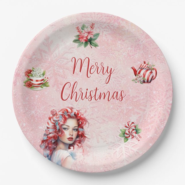 Peppermint Christmas Tea Party Pink Snowflake Paper Plate (Front)