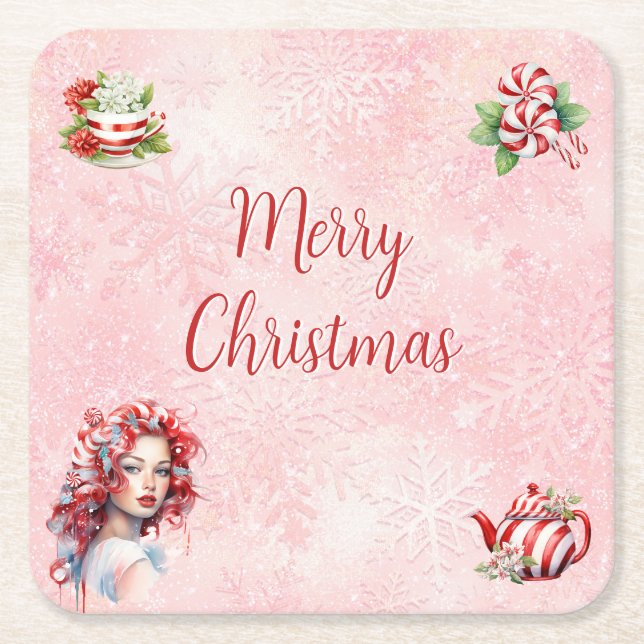 Peppermint Christmas Tea Party Pink Snowflake Square Paper Coaster (Front)