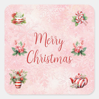 Peppermint Christmas Tea Party Pink Snowflake Square Sticker