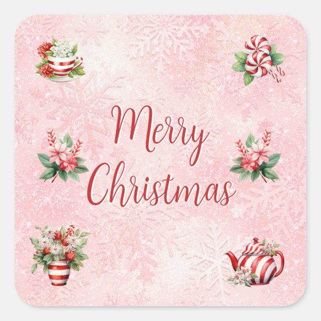 Peppermint Christmas Tea Party Pink Snowflake Square Sticker (Front)