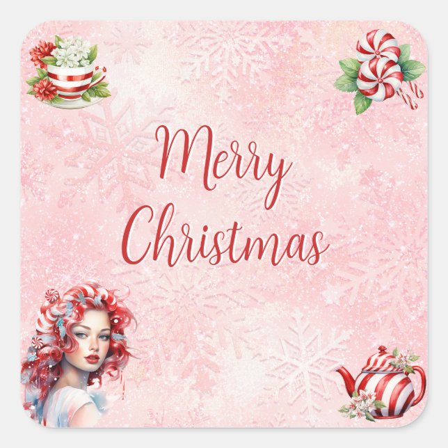 Peppermint Christmas Tea Party Pink Snowflake Square Sticker (Front)