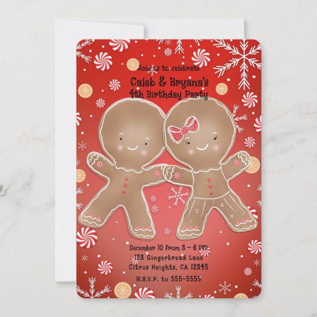 Peppermint Gingerbread Boy & Girl Birthday Party Invitation (Front)