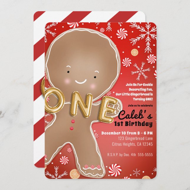 Peppermint Gingerbread Man ONE 1st Birthday Party Invitation (Front/Back)