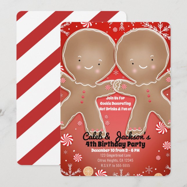 Peppermint Gingerbread Twins Birthday Party Invitation (Front/Back)