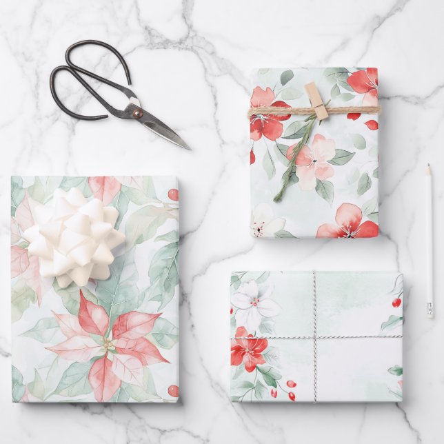 Peppermint Green Red Floral Birthday Wrapping Paper Sheet (Front)