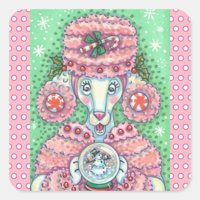 PEPPERMINT PINK POODLE, CHRISTMAS DOG STICKERS Squ (Front)
