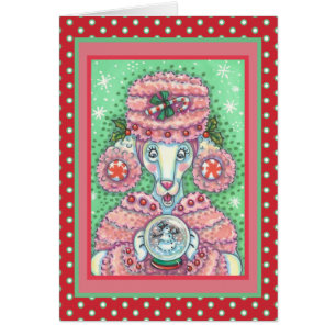 PEPPERMINT PINK POODLE CHRISTMAS GREETING CARD V