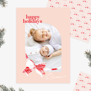 Peppermint Plaid Tied With Bow Photo Holiday Card