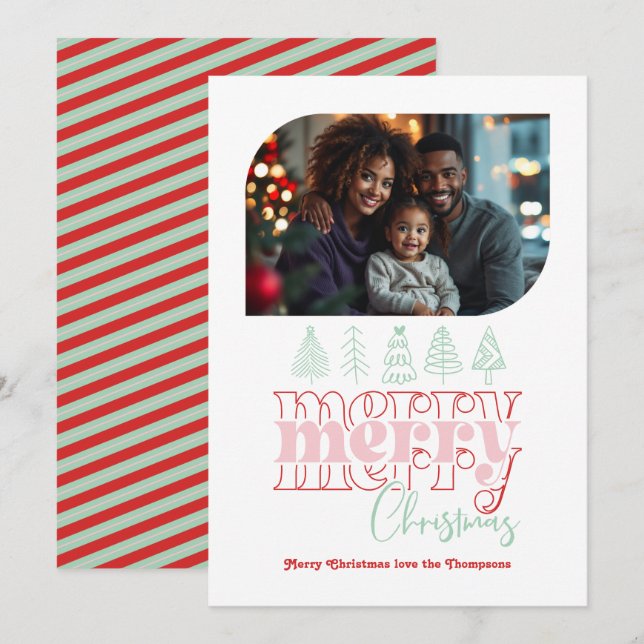 Peppermint Pop Modern Retro Doodle Christmas Photo Holiday Card (Front/Back)