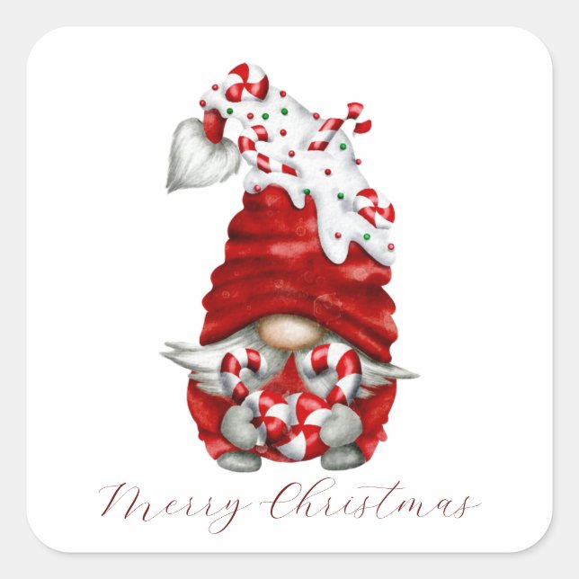 Peppermint Scandinavian Gnome Merry Christmas Square Sticker (Front)