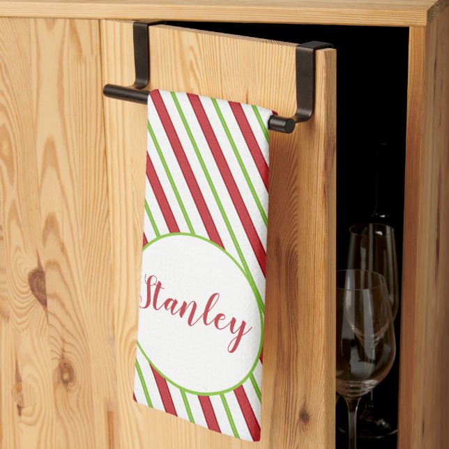 Peppermint stripes personalised  tea towel (Thirds Fold)