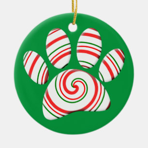Peppermint Swirl Dog Paw In Red Green White Ceramic Tree Decoration