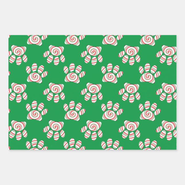 Peppermint Swirl Dog Paw In Red Green White Wrapping Paper Sheet (Front)
