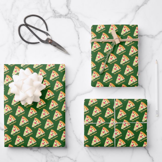 Pepperoni Pizza Slice with Family Name on Green Wrapping Paper Sheet (Front)