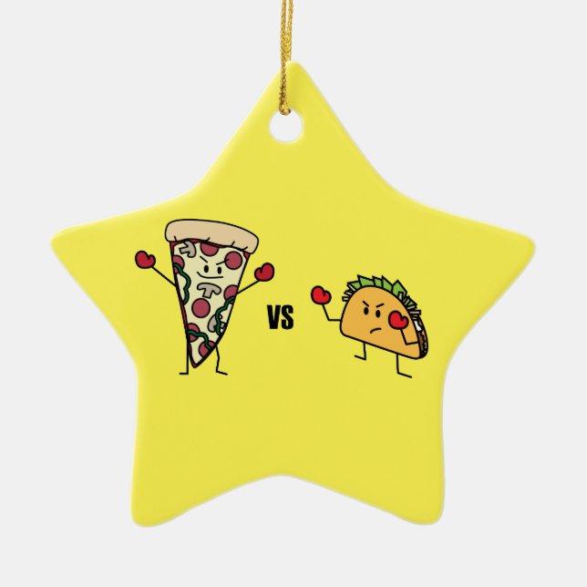Pepperoni Pizza VS Taco: Mexican versus Italian Ceramic Tree Decoration (Front)