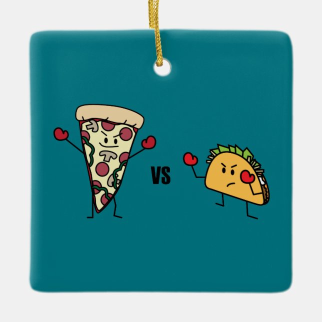 Pepperoni Pizza VS Taco: Mexican versus Italian Ceramic Tree Decoration (Front)
