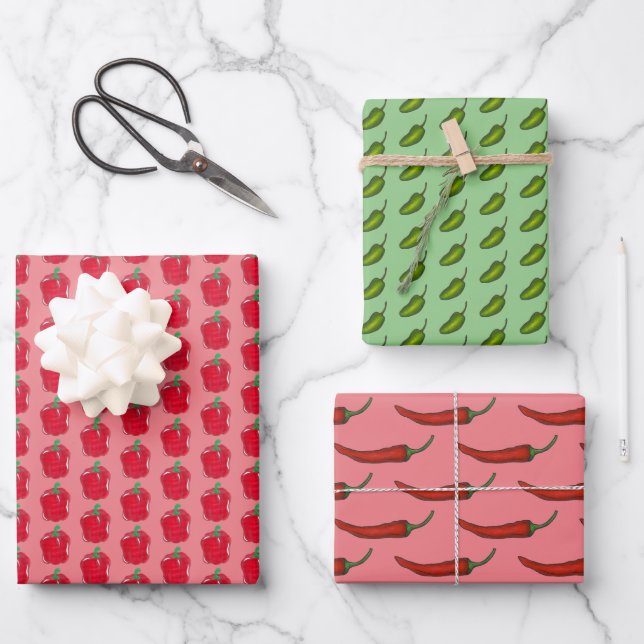 Peppers Bell Chilli Hot Jalapeño Green Red Veggie Wrapping Paper Sheet (Front)