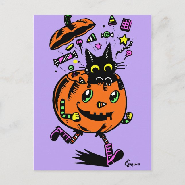 Peppy Pumpkin and Kitty Halloween Postcard (Front)