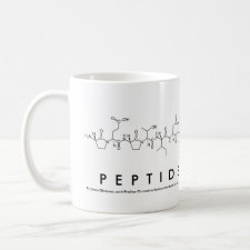 Mug featuring the name PeptideChemist spelled out in the single letter amino acid code