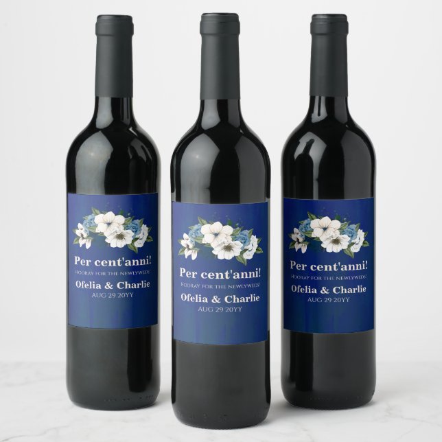 Per cent'anni Cobalt Dusty Blue Floral Wedding Wine Label (Bottles)