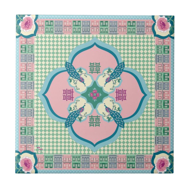 Peranakan Peacock Double Happiness Tile – Pastel N (Front)