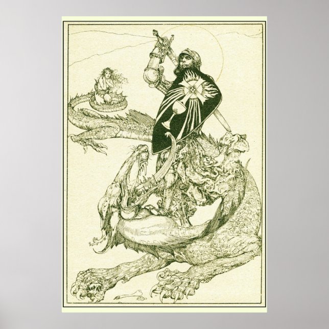 PERCEVAL FIGHTING DRAGON,QUEST HOLY GRAIL Fantasy Poster (Front)