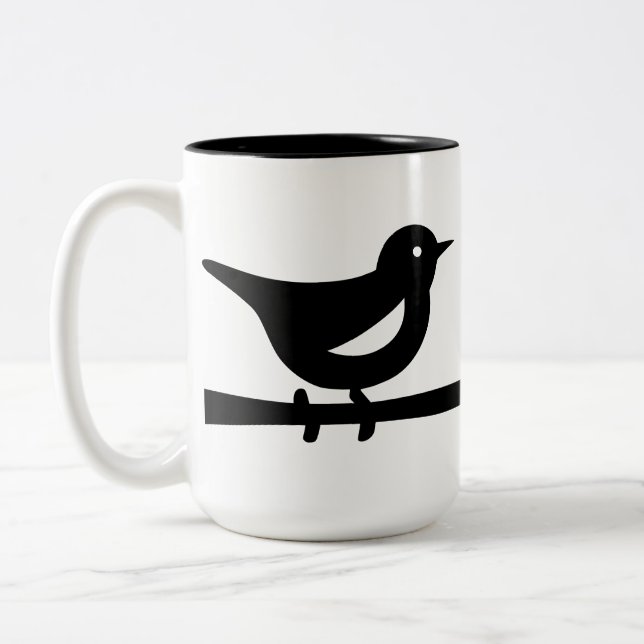 Perched Bird on Branch in Monochrome Two-Tone Coffee Mug (Left)